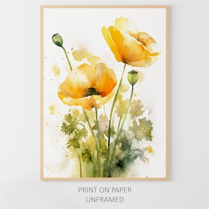 Yellow Poppy Watercolor Painting Wildflowers Poster Floral Wall Art Flowers Art Print