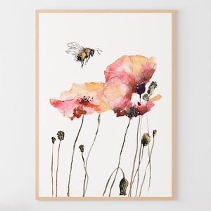 Bumblebee Painting Poppy Watercolor Art Print Honey Bee Wall Art Floral Poster Poppy Poster