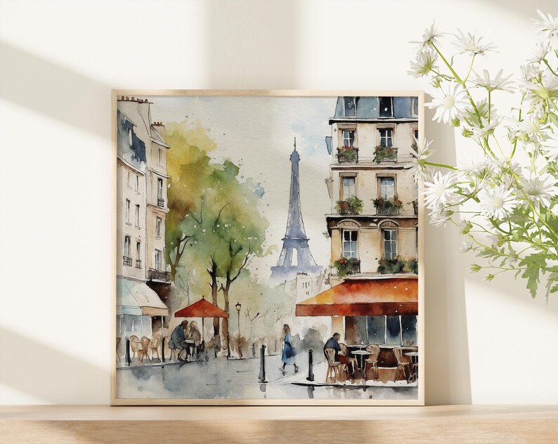 Akvarellkonsttryck i Paris stadsbild: Eiffeltornets caféscen bild 9