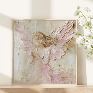 May include: A painting of an angel with soft pink and white wings. The angel is depicted with long flowing hair and a gentle expression. The painting is done in a textured style, giving it a three-dimensional look.