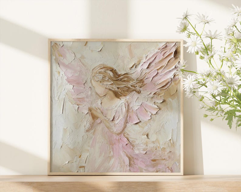 May include: A painting of an angel with soft pink and white wings. The angel is depicted with long flowing hair and a gentle expression. The painting is done in a textured style, giving it a three-dimensional look.