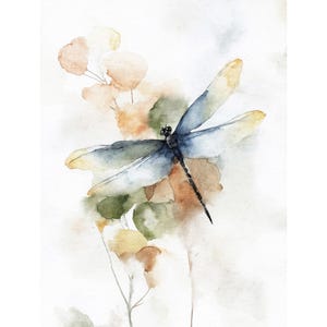 May include: Watercolor painting of a dragonfly with blue and yellow wings, perched on a stem with green and brown leaves. The background is a soft, neutral color, creating a delicate and natural aesthetic.