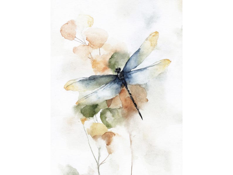 May include: Watercolor painting of a dragonfly with blue and yellow wings, perched on a stem with green and brown leaves. The background is a soft, neutral color, creating a delicate and natural aesthetic.
