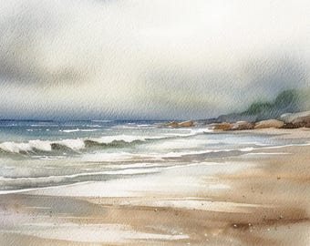 Seascape Watercolor Print: Ocean Beach Nautical Wall Art
