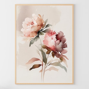 Peonía acuarela pintura floral pared arte flores arte impresión rosa peonía cartel botánico Giclee impresión
