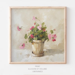 Pintura al óleo de geranio, arte de pared floral neutro, obra de arte con flores, decoración de pared de estilo rústico, macetas de geranio, impresión a partir de una pintura al óleo original