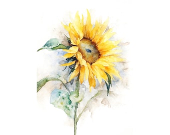 Lámina artística de girasoles en acuarela, pintura floral, arte mural floral, obra de arte de girasoles, póster botánico