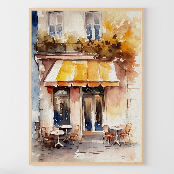 Café de París Pintura Paisaje urbano francés Café francés Acuarela Street Cafe Lámina artística