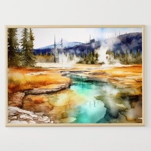 Yellowstone National Park Watercolor Print Geysers Painting Wyoming Landscape US Travel Poster