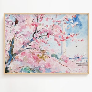 ワシントン記念塔の水彩画 桜の木の絵画 春 ワシントン DC ウォールアート