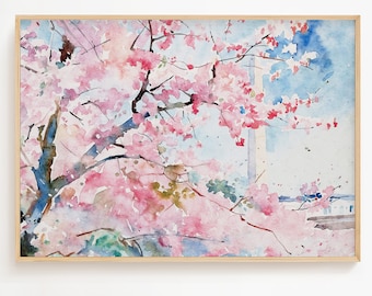 Washington Monument Watercolor Print Cherry Tree Painting Spring Washington DC Wall Art