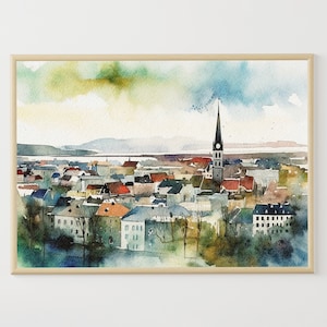 Reykjavik Painting Cityscape Watercolor Iceland Landscape Travel Wall Art Architecture Art Print