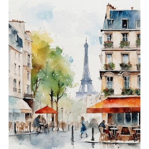 Pintura de paisaje urbano de París, café, impresión artística de acuarela, obra de arte de la Torre Eiffel, póster de arte de viaje, regalo de Francia