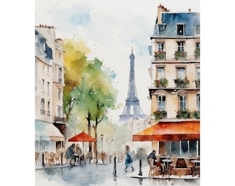 Impressão artística em aquarela da paisagem urbana de Paris: cena de café da Torre Eiffel