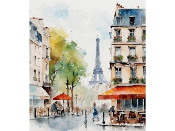 エッフェル塔 カフェの風景画 40x60cm パリの街並みの水彩画アートプリント：エッフェル塔のカフェ風景