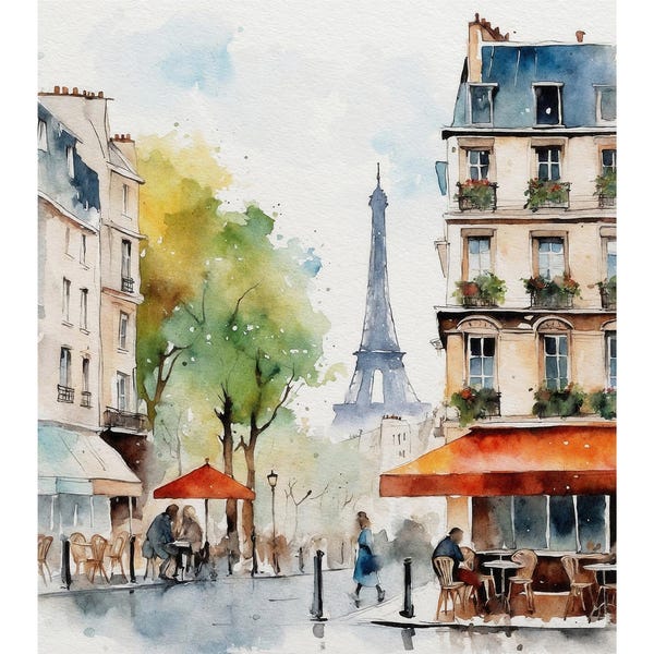 Paris Cityscape Watercolor Art Print: Eiffel Tower Cafe Scene
