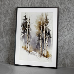May include: A framed watercolor painting of a forest scene with tall, slender trees in shades of brown, gray, and white. The trees are set against a misty background, creating a sense of depth and tranquility.
