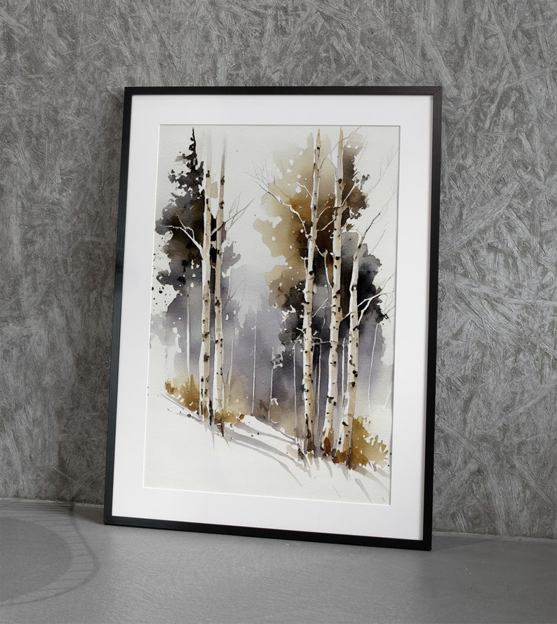 May include: A framed watercolor painting of a forest scene with tall, slender trees in shades of brown, gray, and white. The trees are set against a misty background, creating a sense of depth and tranquility.