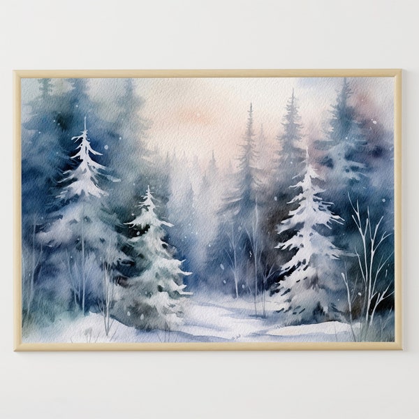British Columbia Winter Landscape Pine Forest Watercolor Painting Canada National Park Poster Snowy Pines Art Print