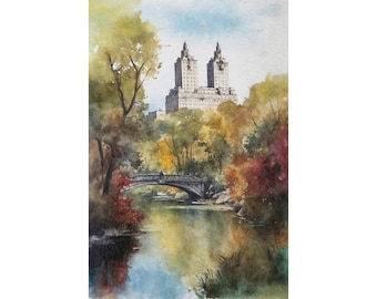 Central Park Watercolor Print: Autumn New York Cityscape Wall Art
