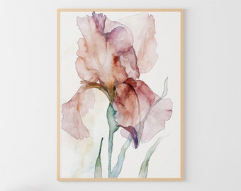 Purple Iris Painting Floral Watercolor Flower Art Print Garden Flowers Artwork Neutral Floral Wall Art