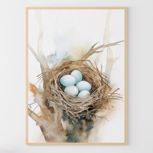 Nido Pintura de acuarela Nido de pájaro Póster Huevos de Pascua Impresión artística Arte de pared de naturaleza Decoración de pared de primavera