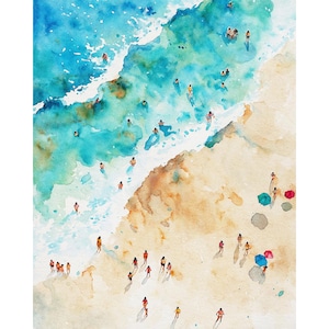水泳をする人々 水彩画 プリント 海のビーチ 絵画 夏のポスター ビーチハウス 壁飾り 海岸の上から見るアート