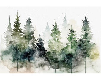 Pine Forest Watercolor Print Foggy Forest Painting Evergreen Trees Poster