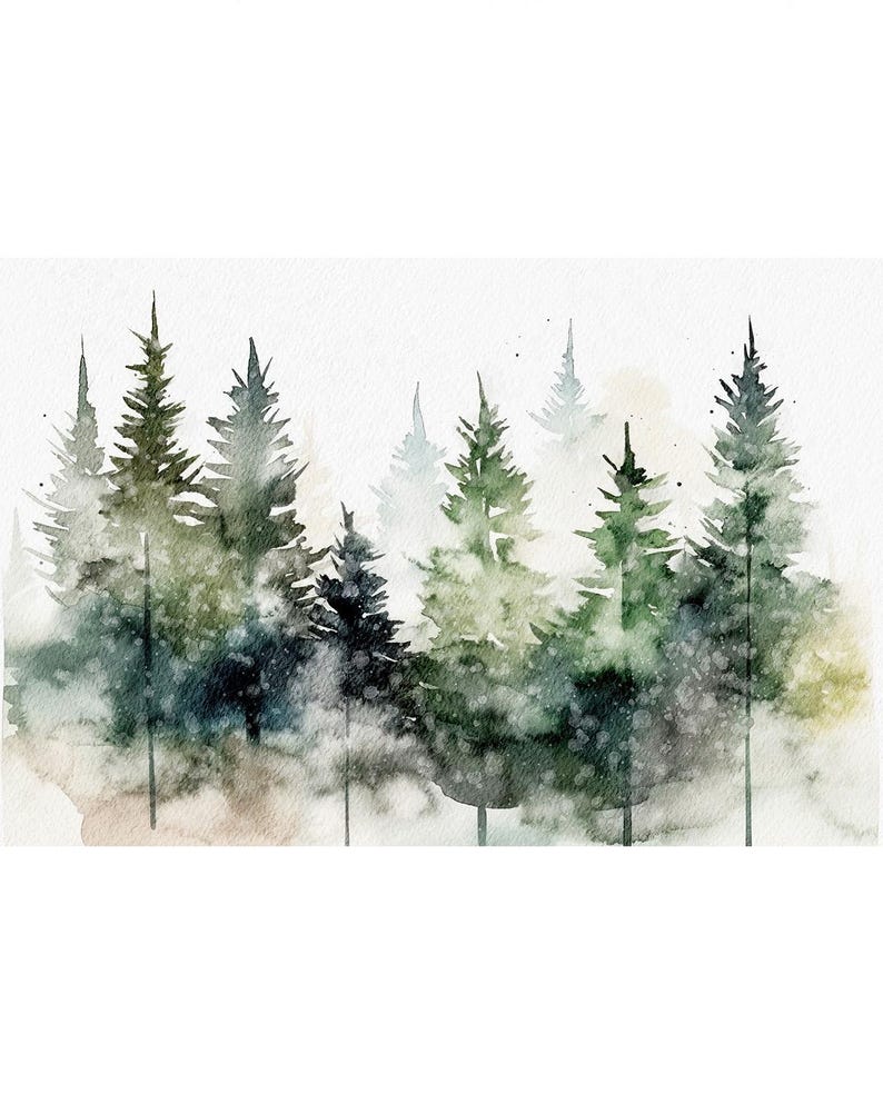 Pine Forest Watercolor Print Foggy Forest Painting Evergreen Trees ...