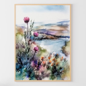 Thistle Watercolor Painting Scottish Landscape Scotland Poster Isle of Skye Art Print Scottish Flowers Wall Art