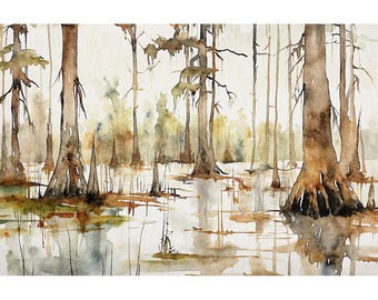 Paesaggio della Louisiana, dipinto del lago Martin, giganti della palude, stampa artistica ad acquerello, arte murale di New Orleans