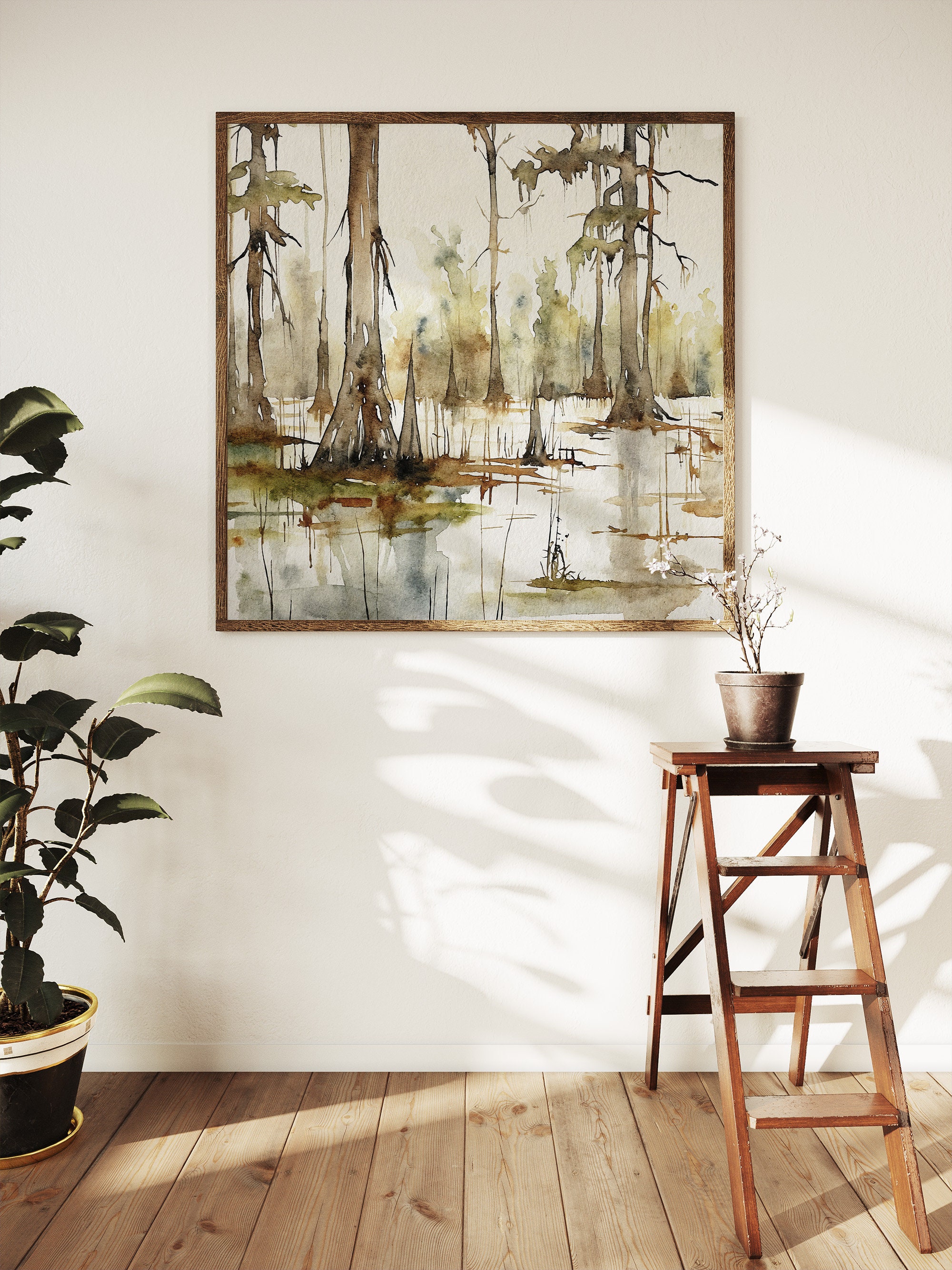 ルイジアナの風景、マーティン湖の絵画、沼の巨人、水彩画、ニュー