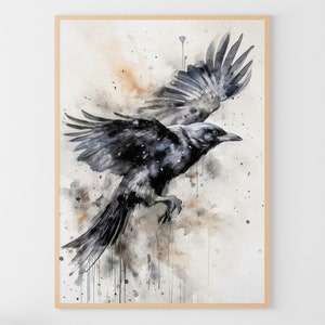 Cuervo acuarela pintura negro cuervo arte impresión pájaro pared arte negro pájaro cartel