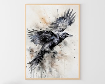 Raven Watercolor Painting Black Crow Art Print Bird Wall Art Black Bird Poster