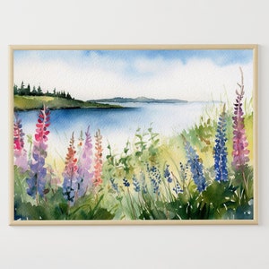 Deer Isle Painting Lupine Meadow Watercolor Maine Landscape Coastal Wall Art Seascape Art Print