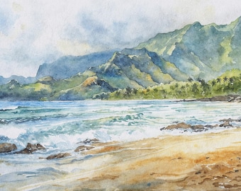 Kauai Na Pali Coast Watercolor Painting: Hawaiian Seascape Art