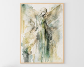 Angel Watercolor Painting Religious Wall Art Guardian Angel Art Print Abstract Neutral Wall Art