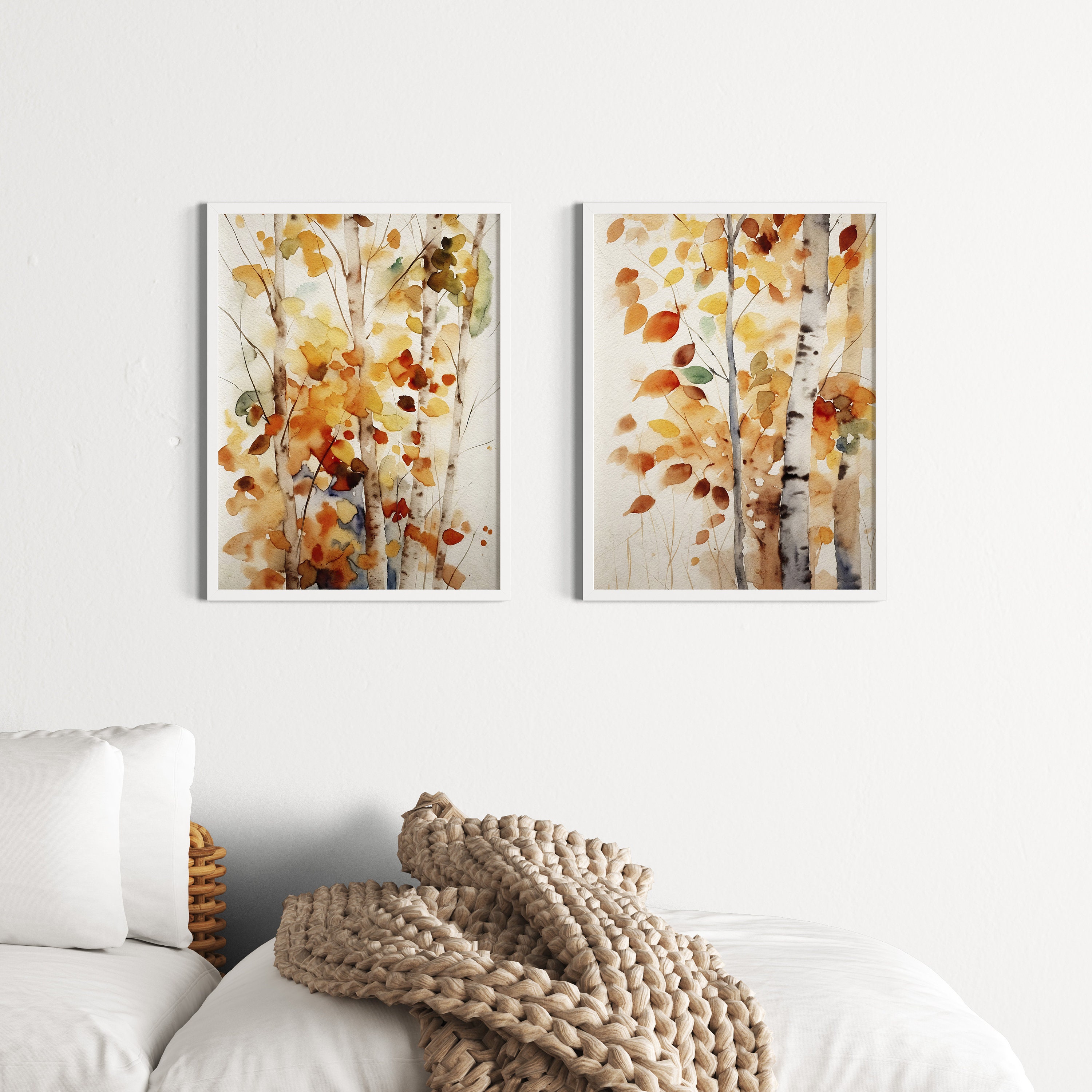 Fall Birch Watercolor Set of 2 Prints Aspens Wall Art Autumn Landscape ...