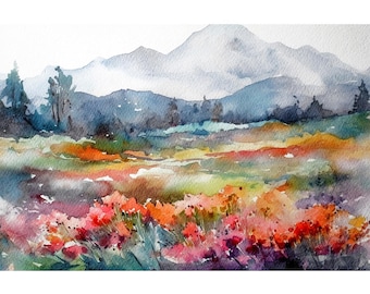 Mountain Valley Painting Mountain Landscape Meadow Watercolor Flowers Field Wall Art
