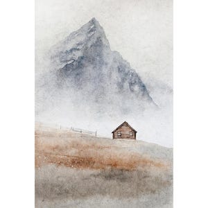 Lofoten Watercolor Painting Norway Landscape Scandinavian Wall Decor Mountain Cabin Poster Neutral Blue Beige Wall Art