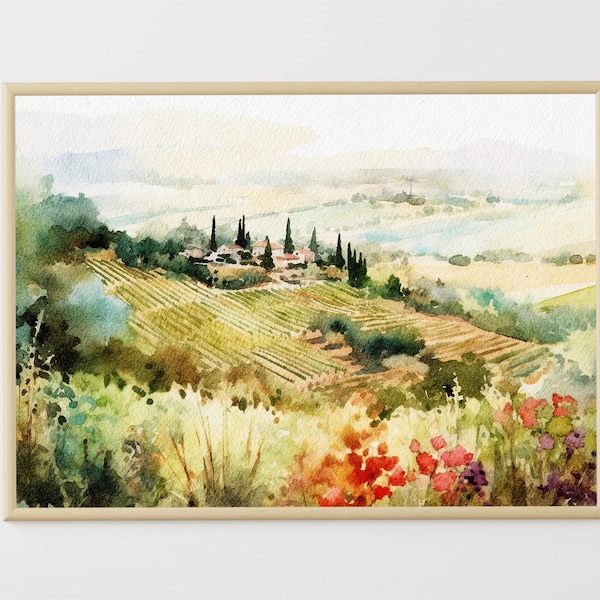 Peinture de vignobles, paysage italien, aquarelle, art mural de la Toscane, impression d'art de campagne