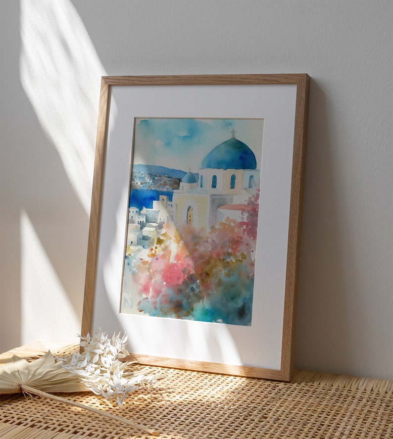 Santorini Art Print Greek Old Town Painting Cityscape Watercolor Mediterranean Landscape image 5