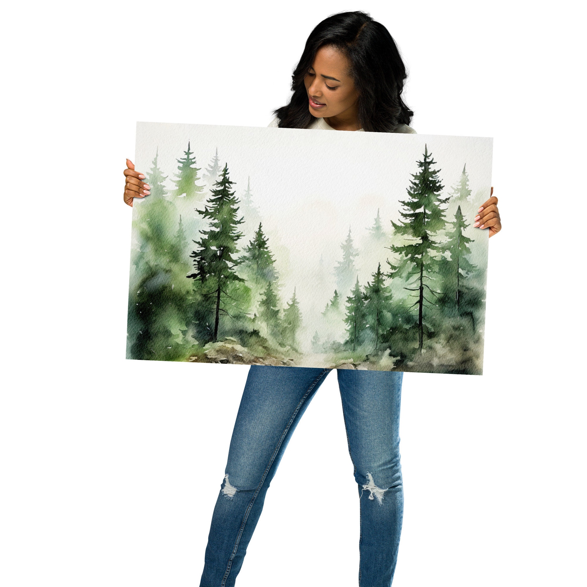 Evergreen Trees Painting Pine Forest Watercolor Misty Forest Art Print ...