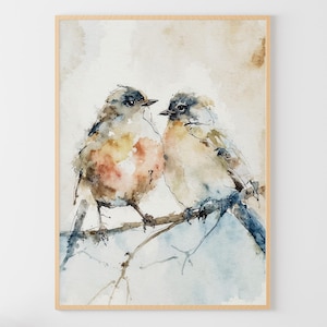 Pintura de carbonero, pareja de pájaros, arte de acuarela, impresión, arte de pared neutro, dos pájaros en una rama, arte, decoración de pared de otoño