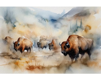 Yellowstone Bison Watercolor Art Print: Wildlife Painting