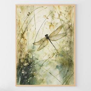 トンボの絵画 花の水彩画 トンボのアートプリント 植物のポスター 昆虫アート ニュートラルグリーン ベージュ ウォールアート
