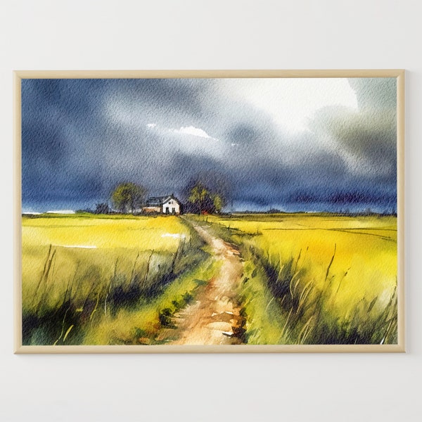 Onweer landschap platteland aquarel Cottage Wall Art geel veld Poster