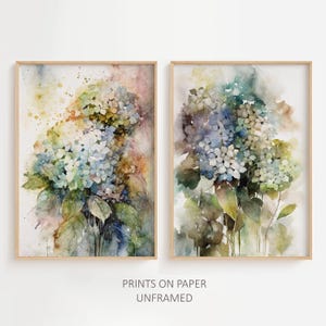 Hortensia set van 2 aquarelafdrukken neutrale bloemen muurkunst bloemen schilderij botanische poster