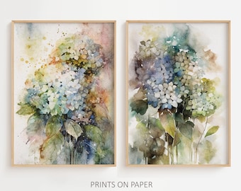 Hydrangea Set Of 2 Watercolor Prints Neutral Floral Wall Art Flowers Painting Botanical Poster