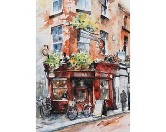 Dublin Irish Pub Watercolor Art Print: Ireland Travel Poster